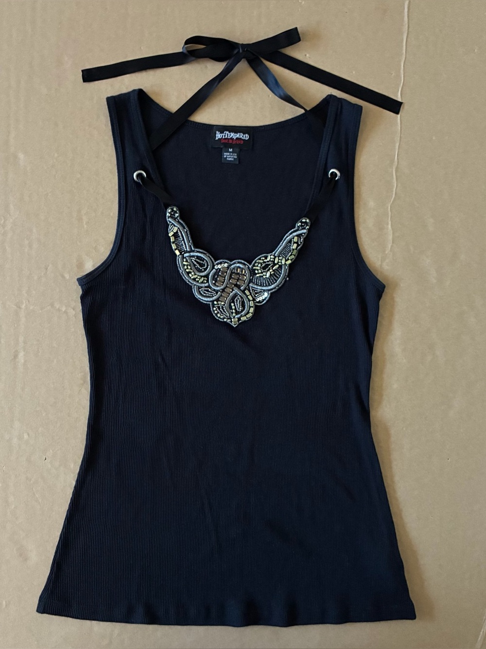 Vintage Hot Tempered Ribbed Tank Top Beaded Neckline Halter Ribbon Goth Grunge M